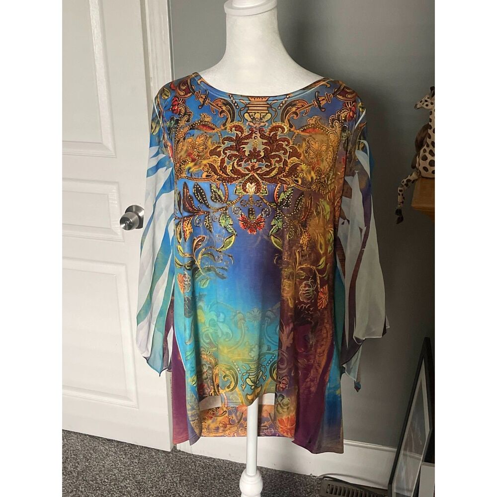 Patchington Y2K blue and brown vibrant abstract resort-wear tunic top L